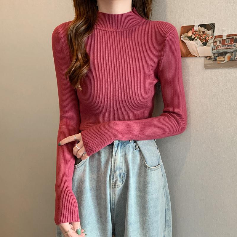 Fashion Solid Half High Neck Knitted Sweater Women Slim Fit Casual Elegant Pullover Sweaters Autumn and Winter Long Sleeve Knitwear Sweater Tops 24841