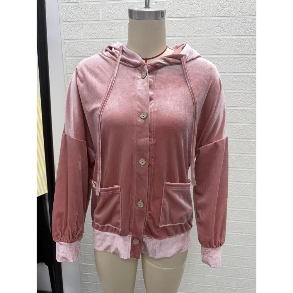 Autumn Winter Solid Color Casual Fashion Button Hooded Gold Velvet Long Sleeve Cardigan Coat Women