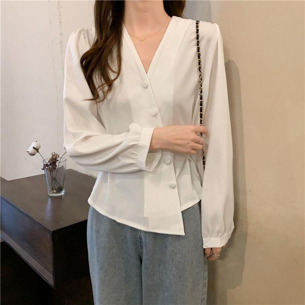 V-neck Puff Sleeve Shirt Waist-cinching Office Ladies Tops Fashion Button Up Blouse  Office