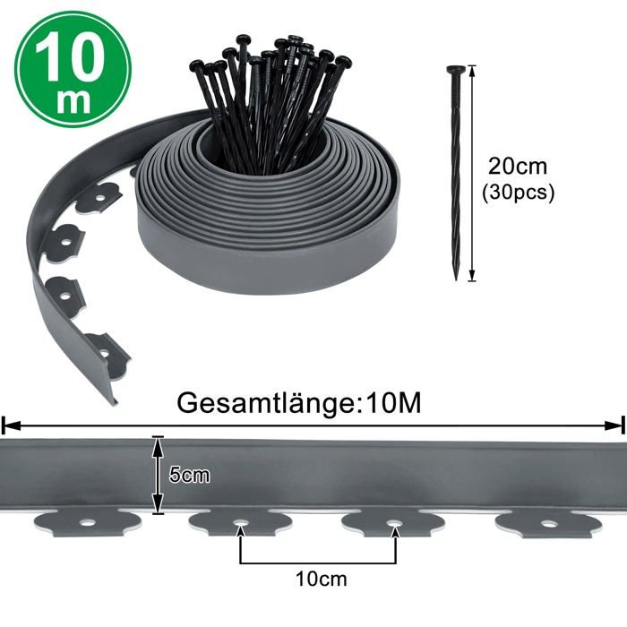 Bordure de pelouse plastique 10 m x 5 cm - noire, flexible + 30 piquets d'ancrage