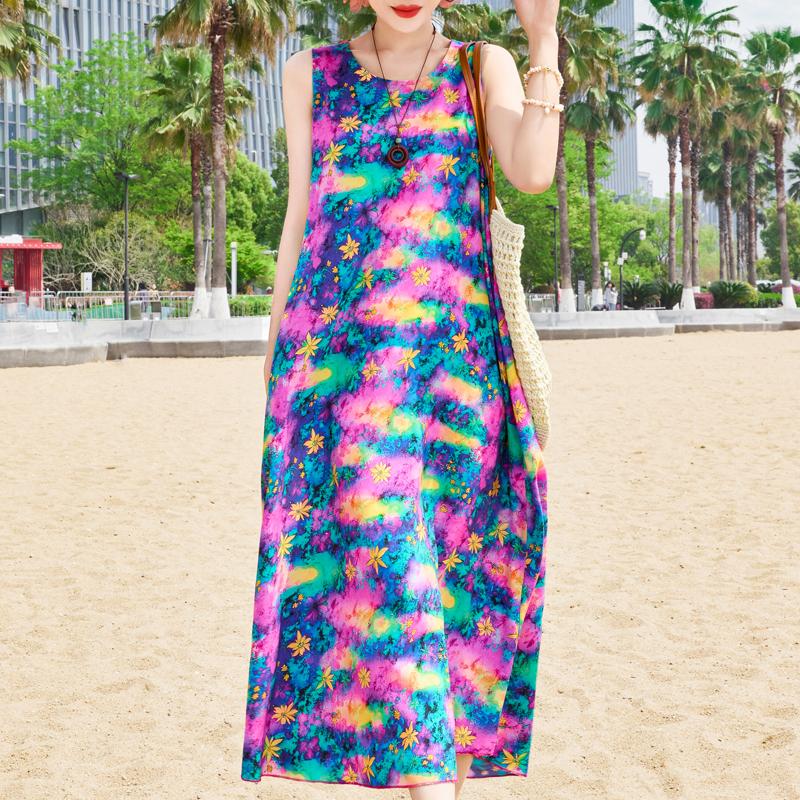 Elegant Sleeveless Dress Summer Fashion Casual Loose Vintage Print Long Dresses for Women Summer Clothes