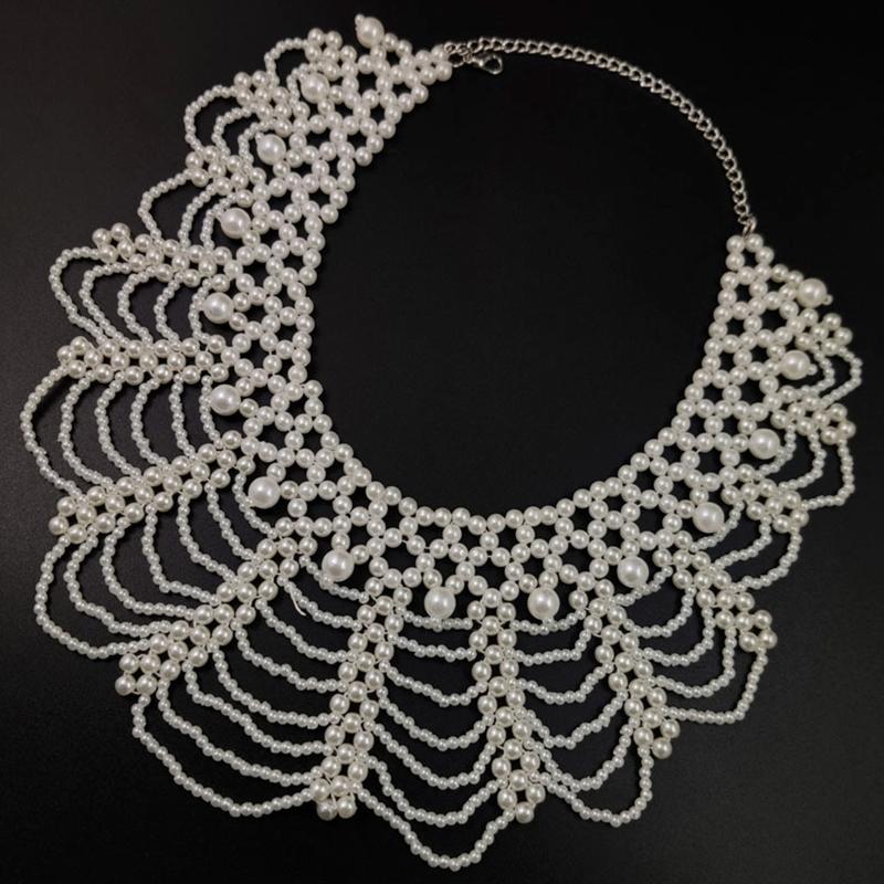 Handmade Layered Pearls Choker Necklace Luxurious Body Chain Shoulder Shawl Collar for Women Body Jewelry Accessory