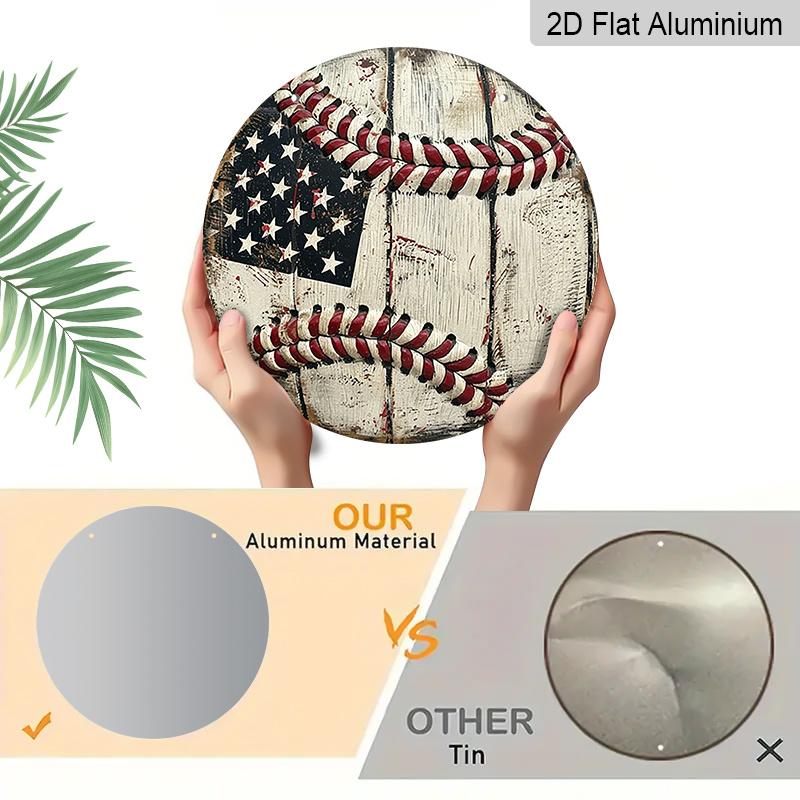 2D Flat, 1pc Round Vintage Baseball USA Flag Aluminum Hanging Sign, Rustic Patriotic Sports Metal Wall Decor, Suitable for Both Indoor And Outdoor