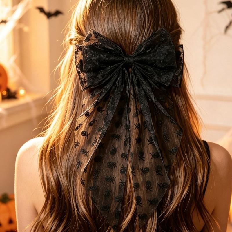 Oversized Halloween Hair Bows with Mesh Layers and Long Ribbon Tails, 2Piece Mesh Bowknot Clip for Women Costume Photo Styling