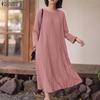 ZANZEA Women Casual Round Collar 3/4 Sleeve Pleated Long Dress