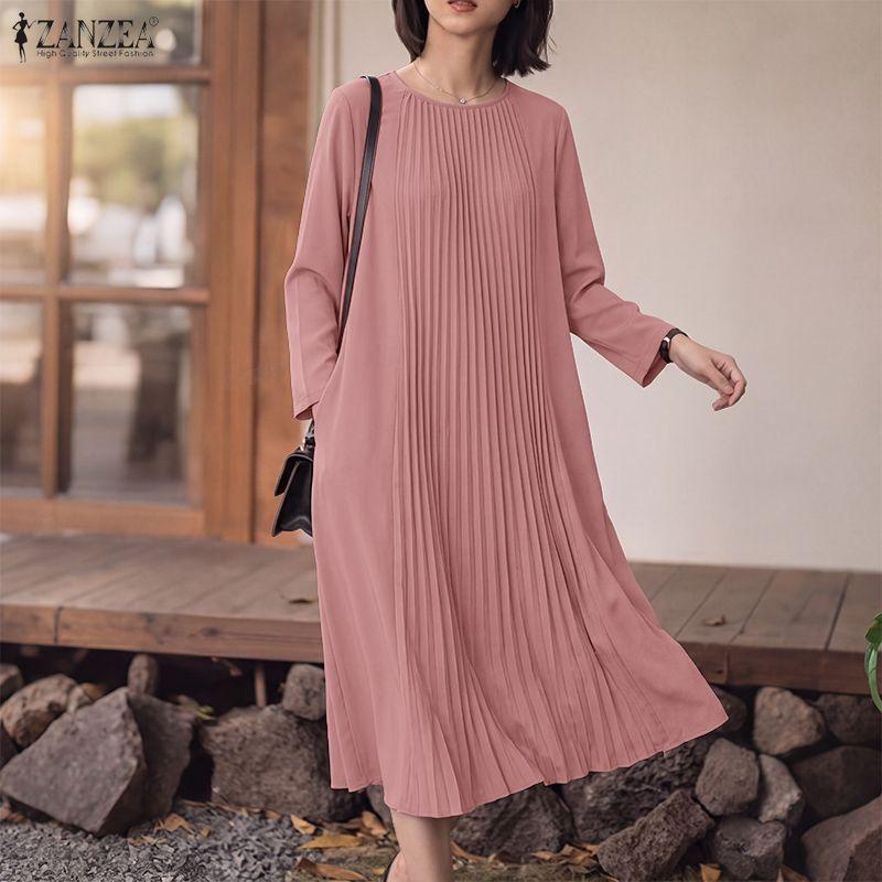 ZANZEA Women Casual Round Collar 3/4 Sleeve Pleated Long Dress
