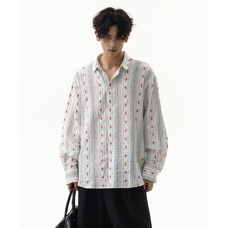 

Acrardic American Vintage Small Floral Long-Sleeved Shirt, Relaxed Retro Casual Loose Shirt, Thin Style White XL