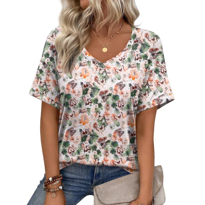 Summer V-neck 3D Flower Pattern Printed Top Fashionable Casual Short Sleeved Women's T-shirts