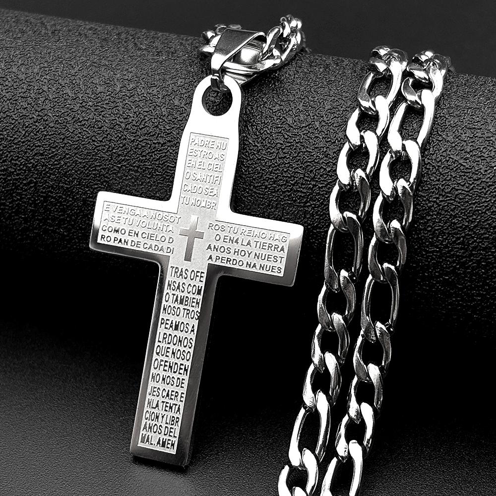 Náhrdelník s přívěskem kříže s biblickým veršem pro ženy muže Nerezová ocel Pozlacený Španělsky Otčenáš Řetěz s modlitbou Páně Šperky