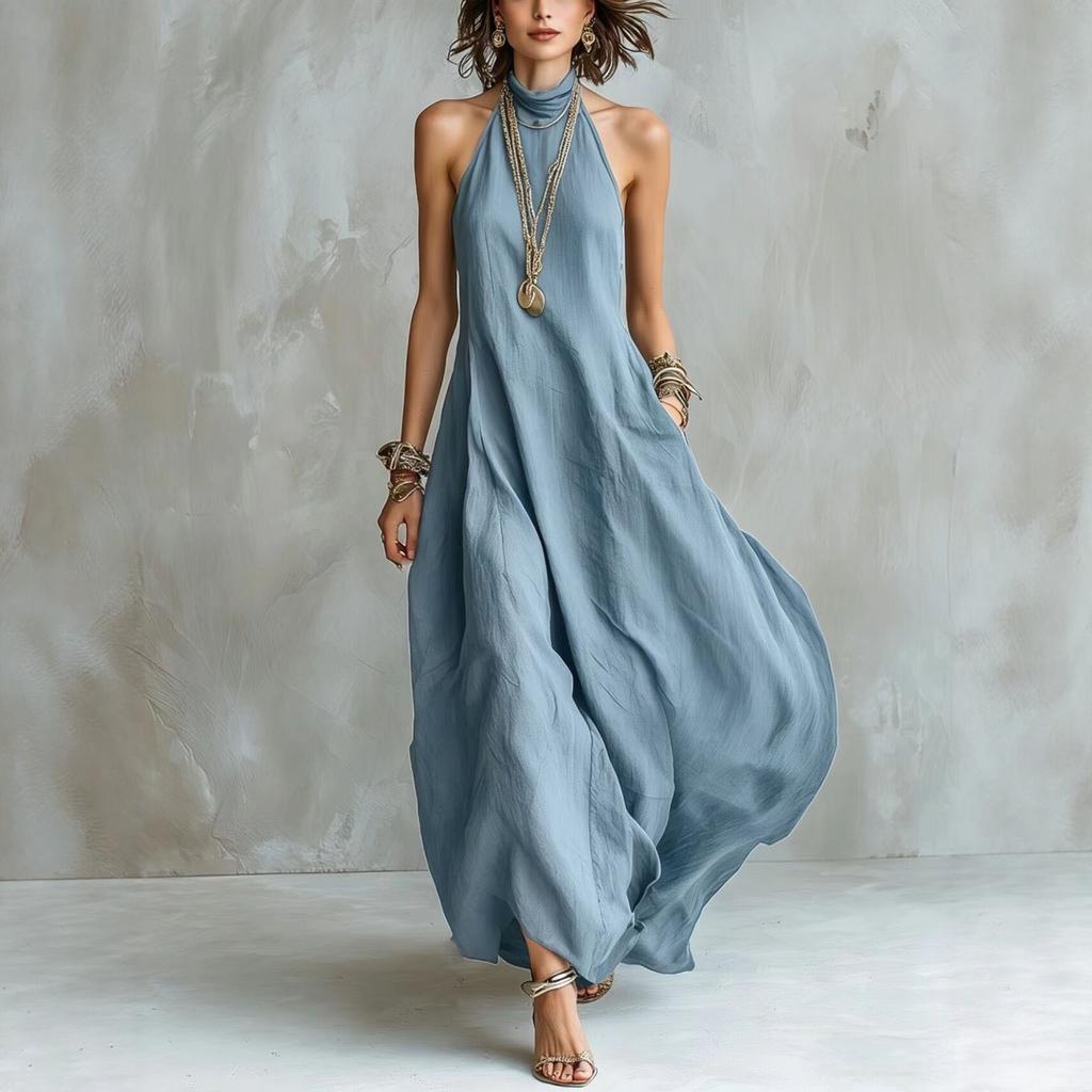 Abito Maxi da Donna Scollo all'Americana Senza Maniche Vestibilità Larga Vita Elastica Boho Svasato Lungo