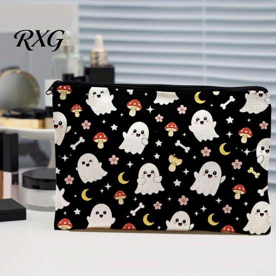 Washable Canvas Pencil Case Cosmetic Bag, Halloween Pattern Print Makeup Student Stationery Pouch Zipper Pouch, for Change Data Cable Storage