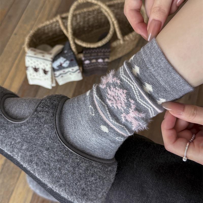 Female Autumn and Winter Warm Thick Bow Cute Puppy Wool Drum Pile Socks