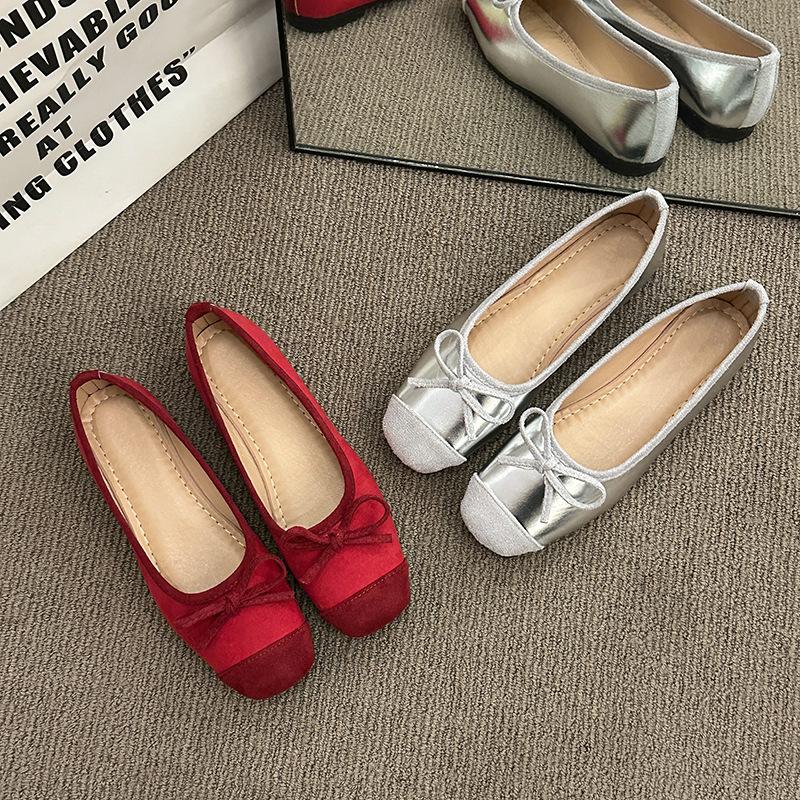 Ballet shoes 2025 new new bow round head flat sole single shoes women's casual soft sole large size comfortable single shoes