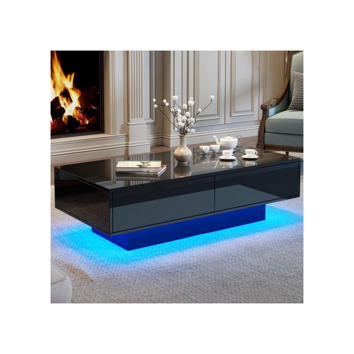 Table basse - MUVOE - Moderne - Noir brillant - 2 tiroirs - Éclairage LED