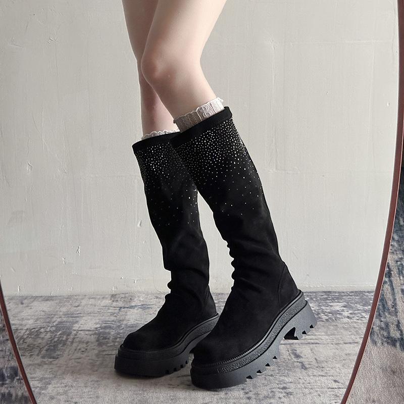 

Skinny boots khaki boots thick heel 2025 autumn and winter knight boots small man but knee elastic thin boots 35 чёрный