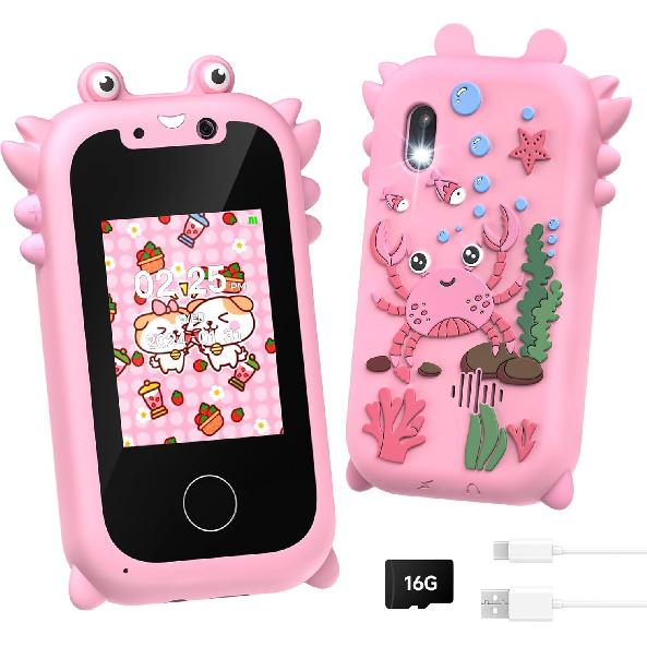Smart Phone für Mädchen, Kleinkindspielzeug für 3-10 Jahre, Touchscreen HD Dual-Kamera Kinderspielzeug Telefon mit Musikplayer, Spielen, 16GB SD-Karte, Weihnachten Geburtstag