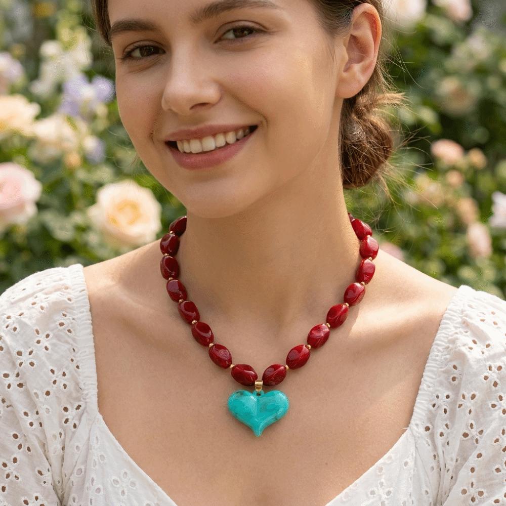 Colorful Heart Pendant Necklace Multi-Color Statement Jewelry Unique Bead Choker  Vacation Wear