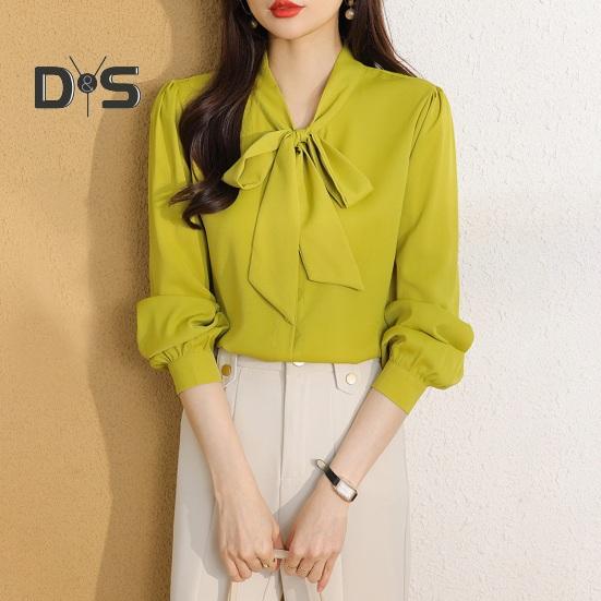 Women Shirt Lace-up Bowknot Collar Long Sleeve Casual Shirt Solid Color Loose Fit Chiffon Shirt Tops Daily Wear