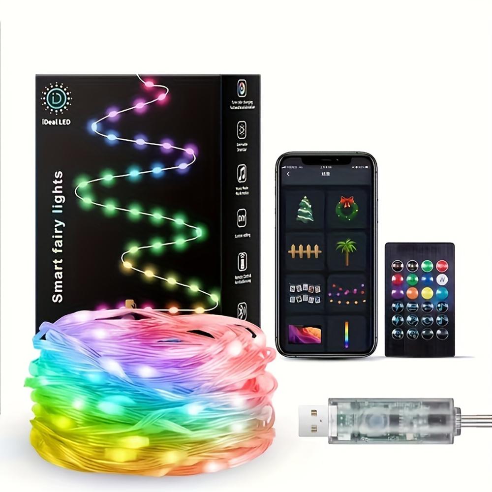 

16,4 фута / 32,8 фута / 65,6 фута Красочные USB светодиодные декоративные гирлянды с управлением через приложение Bluetooth Remote IP66 Водонепроницаемость для праздничного украшения комнаты