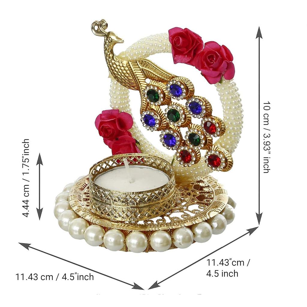 Metal Peacock Floral Decorative Tea Light Candle Holder for Diwali, Navratri, Ganesh Chaturthi, Christmas, New Year