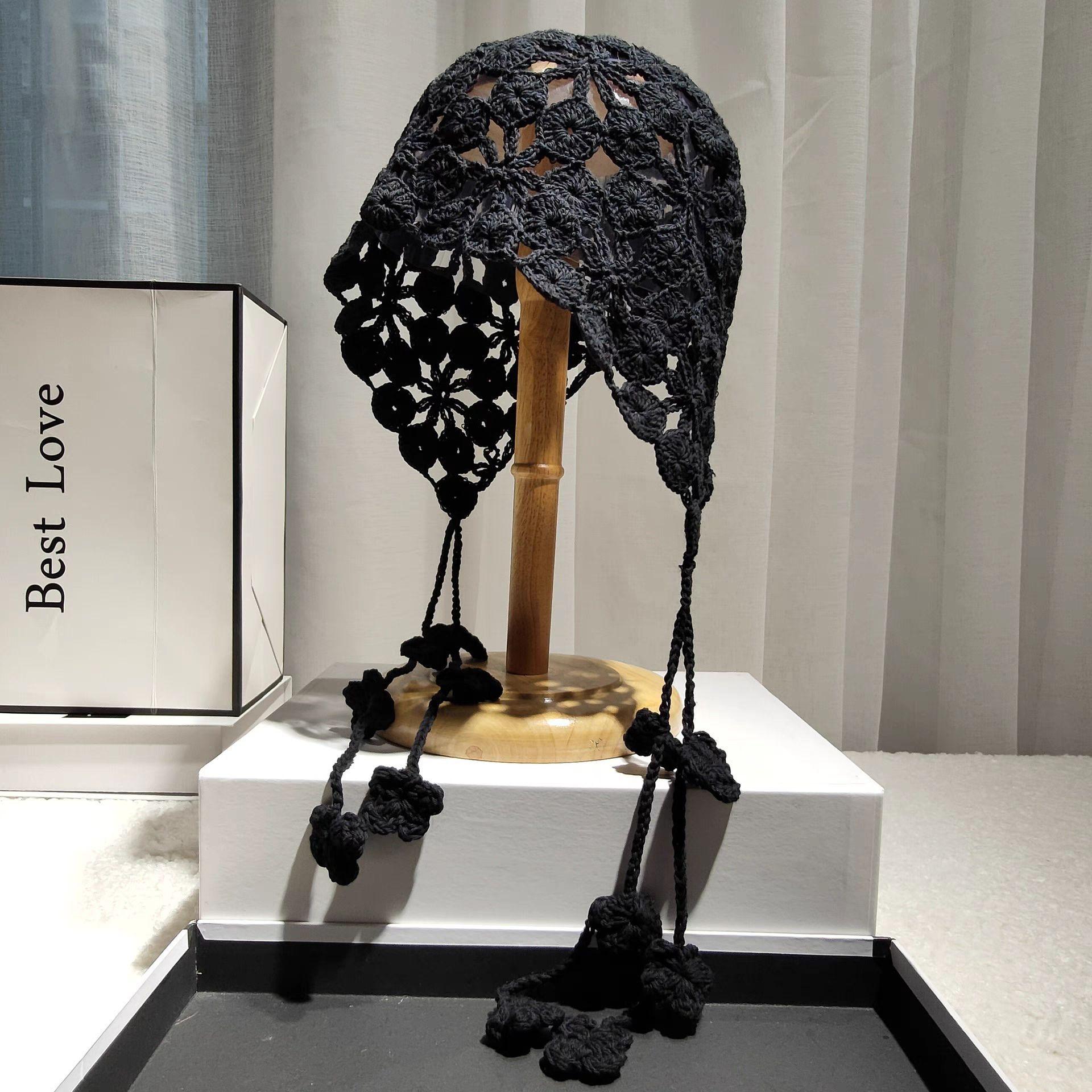 

Activity large brim handmade crochet cotton thread knitted bag head hat women s big head circumference elegant leisure travel versatile cover 52-58cm чорний