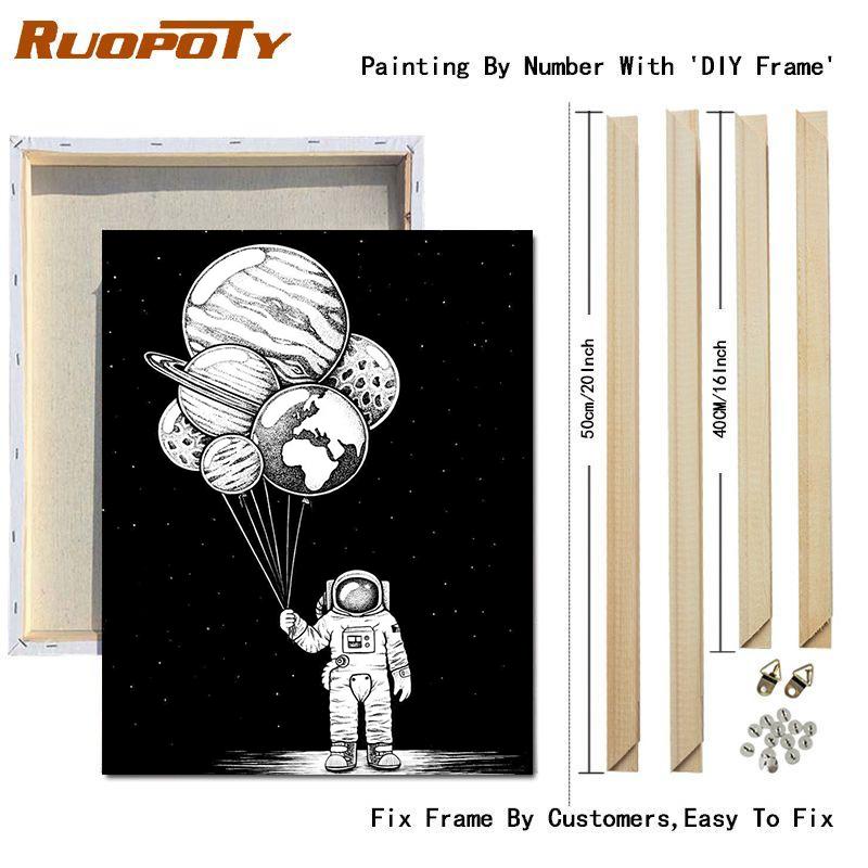 RUOPOTY צייר לפי מספרים אסטרונאוט איור קיר אמנות ייחודית מתנה מצוירת ביד תמונה לפי מספרים ירח לסלון
