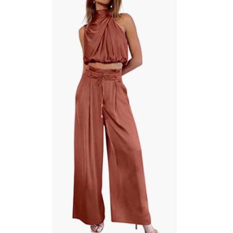 

Ladies Two Piece Pants Sets Ladies Outfit Silk Pleated Texture Sleeveless Top Wide Leg Pants Set Summer Matching Sets XS красный