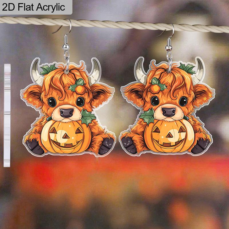 2D Flat Halloween Thanksgiving Earrings Cute Highland Cow Cattle Animals Acrylic Dangle Earrings Pumpkin Drop Earring Holiday Party Jewelry Gifts