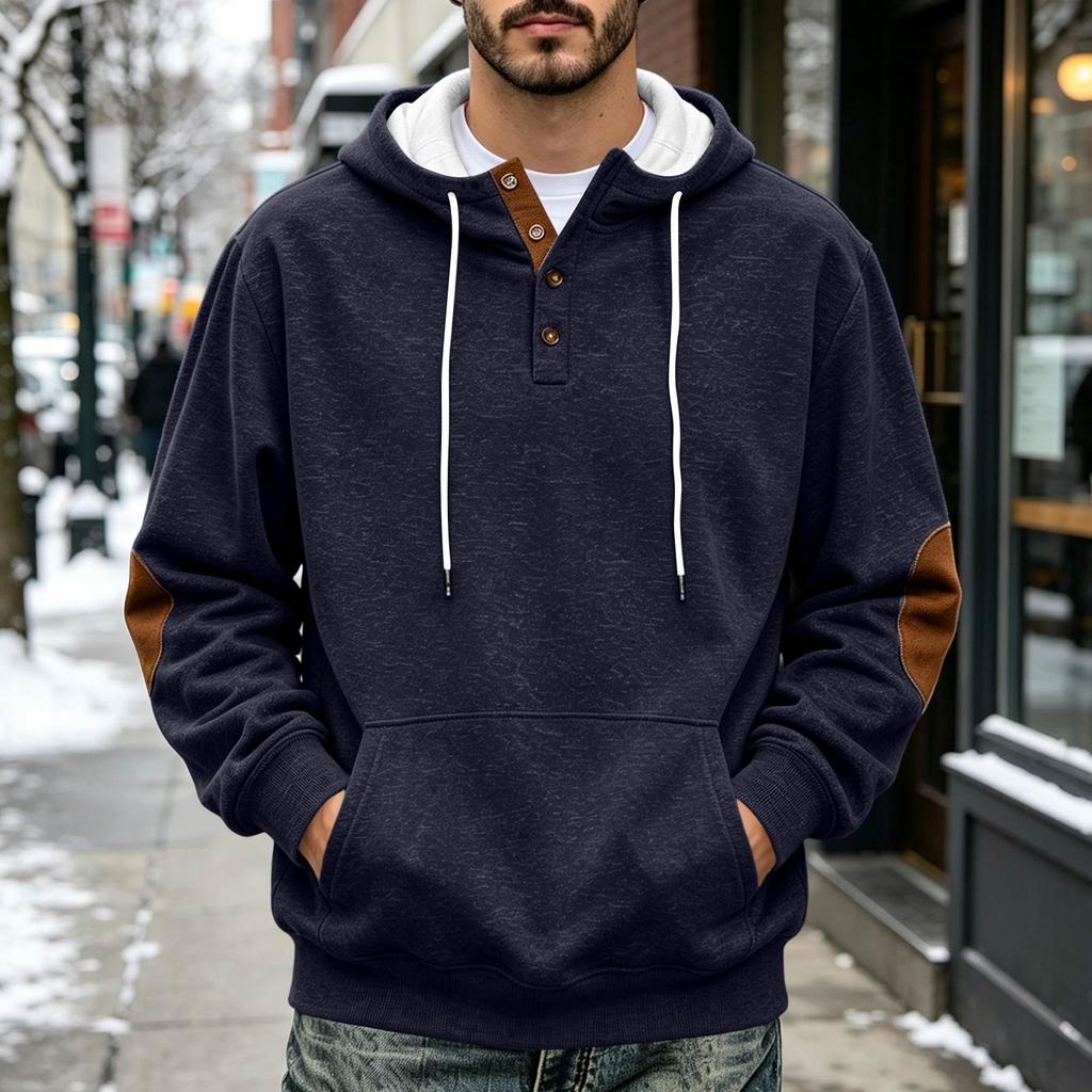 Men's Pullover Hoodie with Leather Patch and Button, Casual Loose Fit
