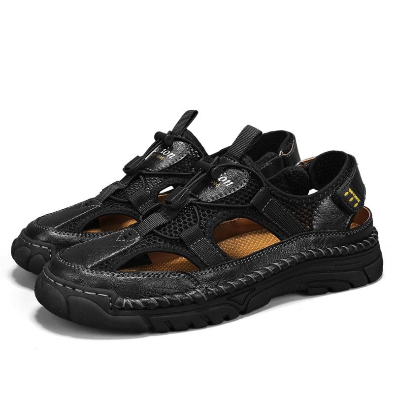 Fashion Handmade Size 46 Mesh Shoes Breathable Sandals Summer Men Sandals Genuine Leather Mens Casual Shoes Outdoor Beach Shoes Roman