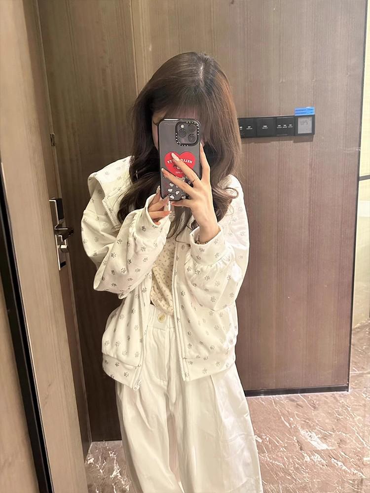 Damen Süßer Kapuzen-Cardigan mit Katzenohren und Hundepfoten-Print - Koreanischer Süß & Würzig Stil für Frühling/Herbst.