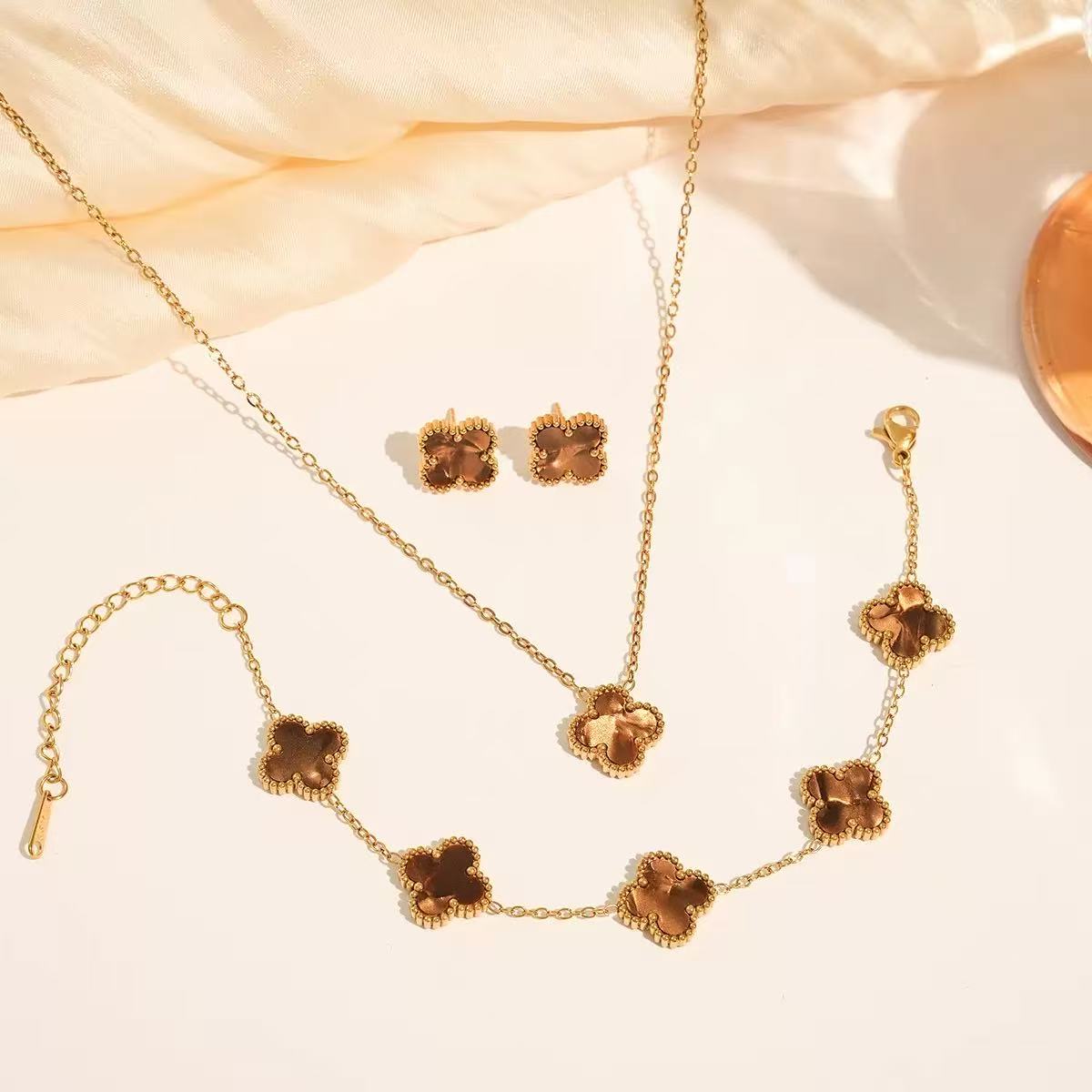 

3 шт. модний титановий сталевий браслет-кольє з конюшиною та сережки, розкішний подарунок на День святого Валентина, День матері necklace+Bracelet+earring