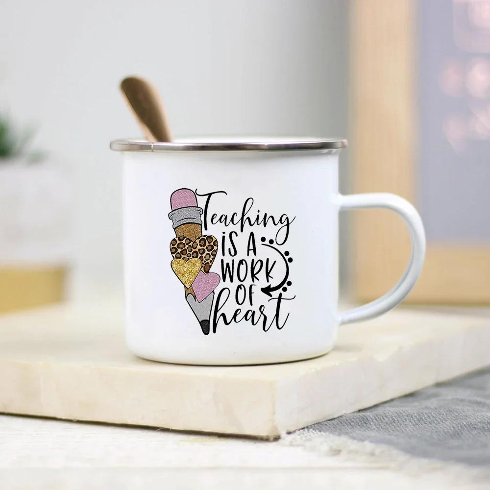 It Takes A Big Heart To Shape Little Minds Teacher Enamel Mug Creative Teacher School Water Cups Coffee Mugs Teachers Day Gifts
