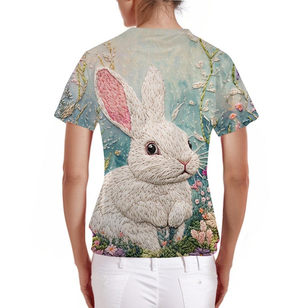 Damenmode V-Ausschnitt Kurzarm Arbeitskleidung mit Taschen Osterdruck Oberteil Pflegekleidung