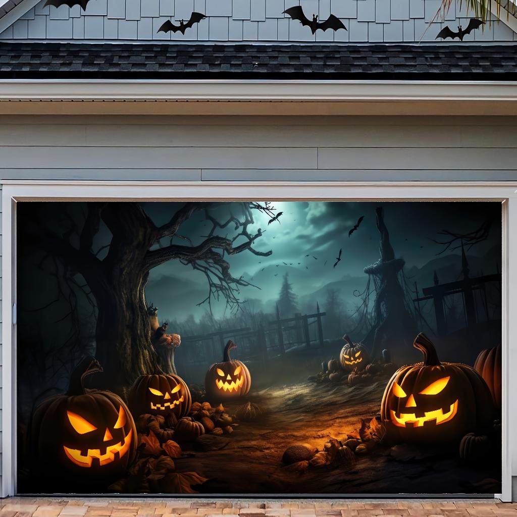 Halloween Pumpkin Horror Garage Door Banner - 94.9 inches x 83.1 inches, durable polyester fiberzyc