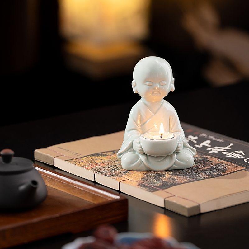 Portacandele Monachino Zen in Ceramica Carino, Statuetta Decorativa Arredamento per la Casa