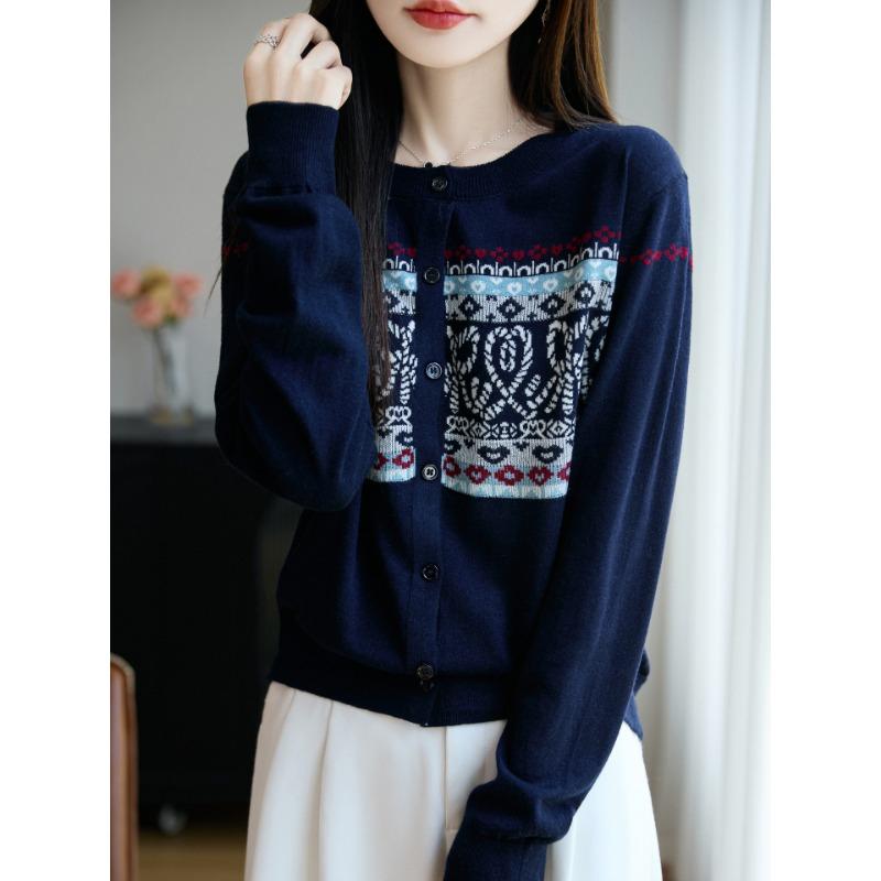 Women Vintage Jacquard Crew Neck Long Sleeve Loose Knit Cardigan Sweater Outerwear