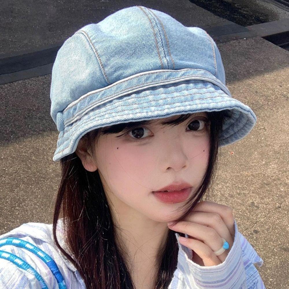 Japanese Short Brim Denim Cap All-Match Leisure Visor Hat Fashion Denim Bucket Cap  Male and Female