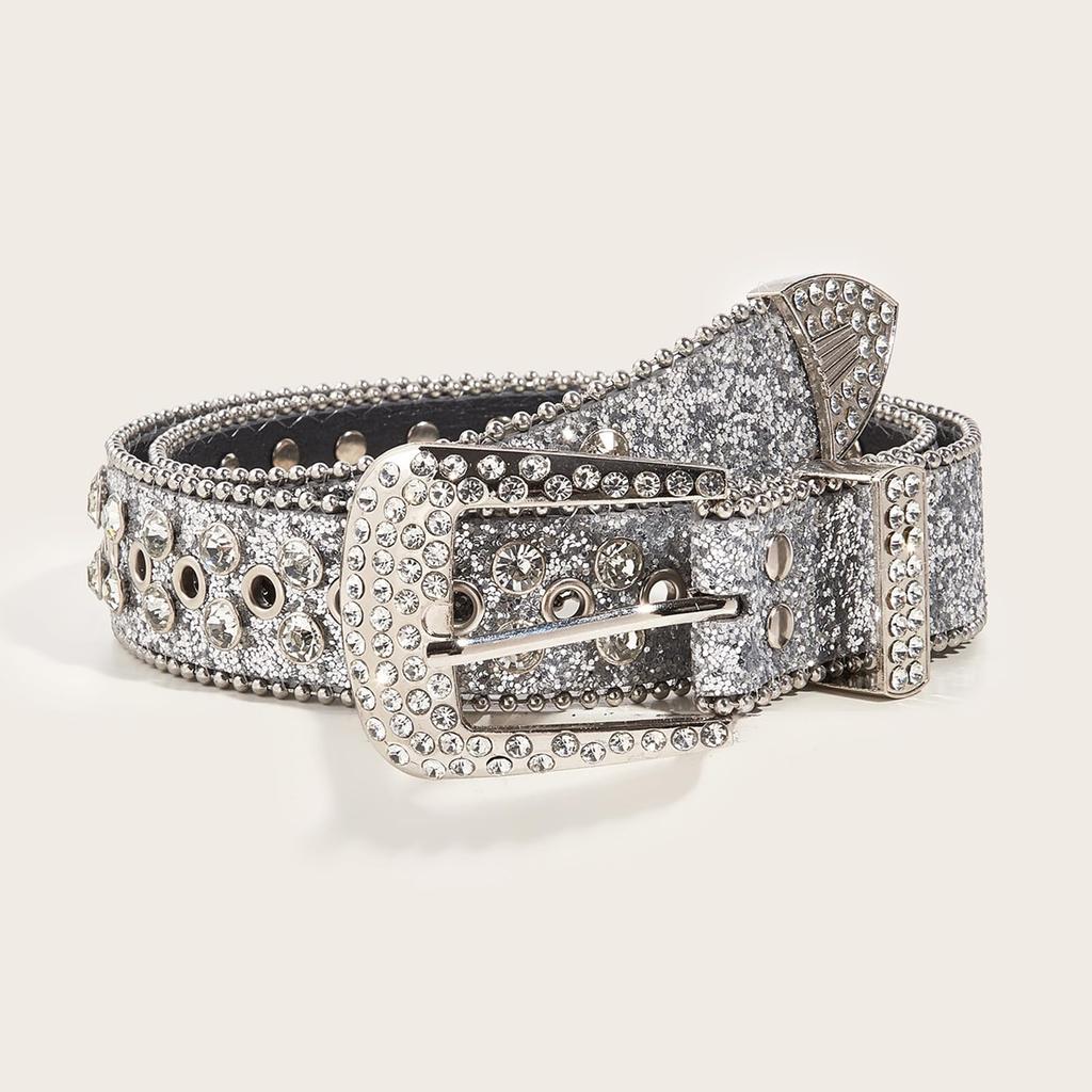 Bling Bling Sparkling Rhinestone Studded Western Metal [Lamerry] Belt, Belt, Buckle, 115cm, Men's & Women's (Silver)