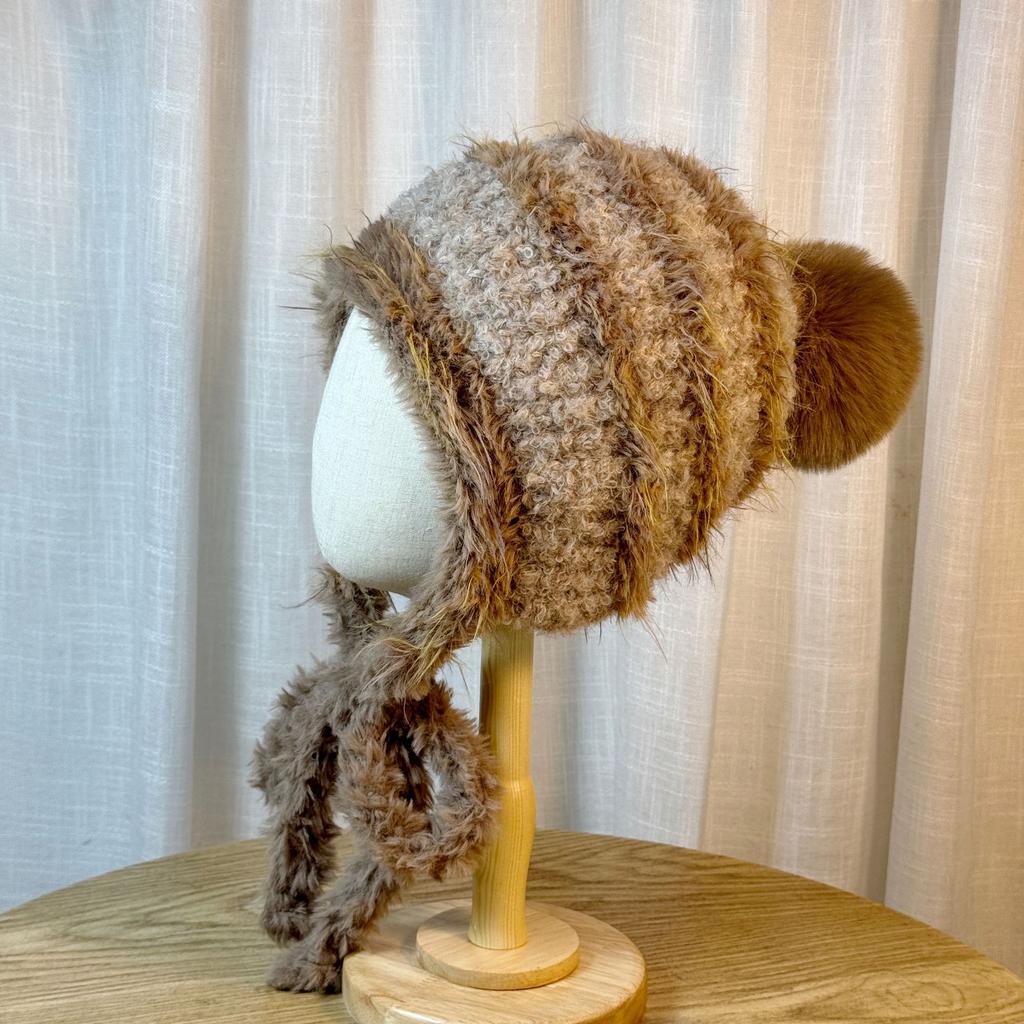 Plush Hat for Women in Autumn and Winter Thickened Warm Ear Protection Hat with Straps Versatile Cold Proof Lei Feng Hat
