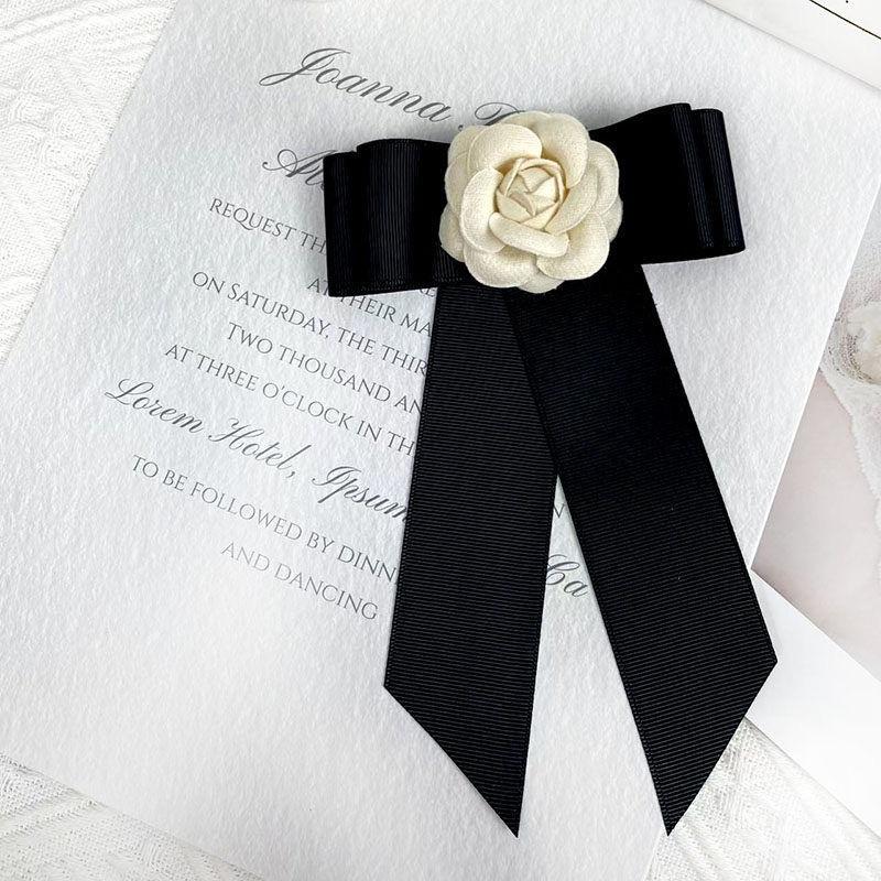 Camellia Flower Brooches Balck Bow Lapel Pins For Women Corsage Shirt Scarf Buckle Badge Accessories