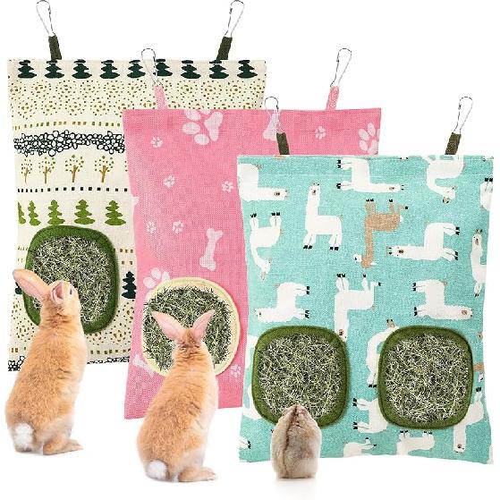 UP 3Pcs Hay Bag for Rabbits - 2-Hole Guinea Pig Hanging Hay Feeder for Rabbits, Chinchillas, Hamsters & Small Pets