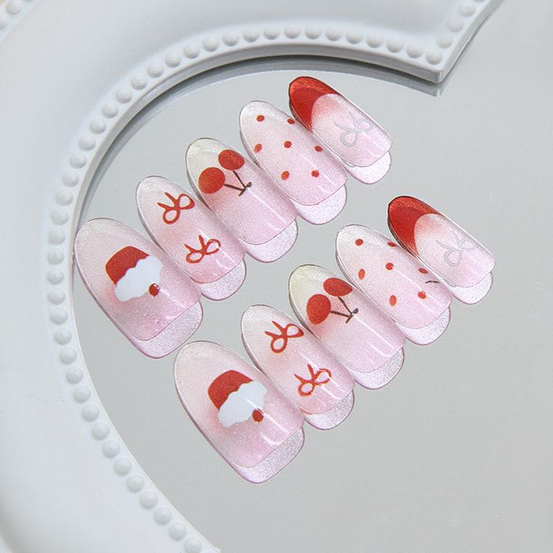 Iced cat-eye cute strawberry cake French cherry bow removable manicure 30 pieces