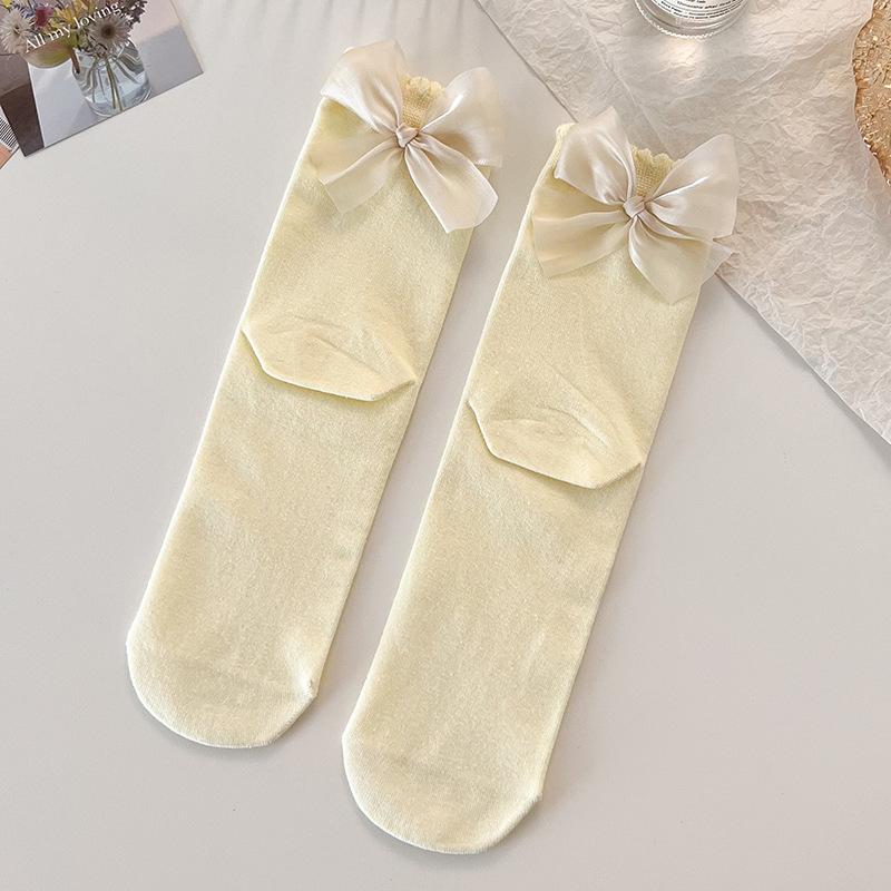 Japanese JK Sweet Bowknot Tied Middle Tube Socks Women Heel Bow Socks Casual Black White Pile Socks Girls Sports Cotton Socks