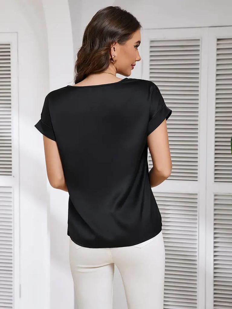 2025 Women's Summer Glossy Solid Color Short Sleeve Loose T-shirt