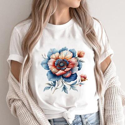 (Tamaño asiático) tendencia estilo de flor encantador Estampado Camisetas de Manga Corta Ropa Casual de Moda para Mujer T Top Femenino Camiseta Gráfica