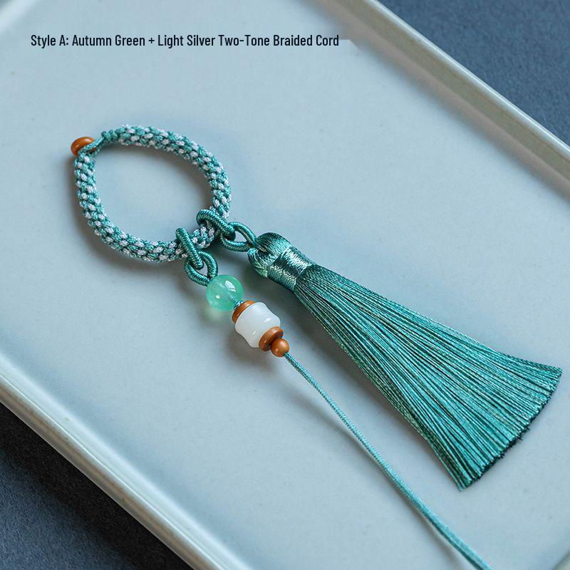 Two-Color Braided Keychain with Jade Buckle and Tassel