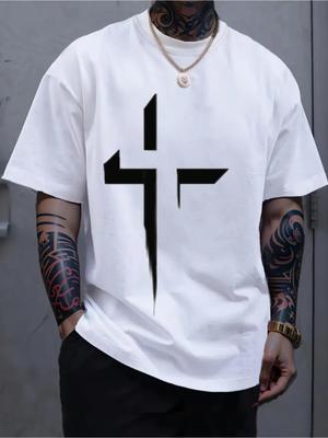 All-Season 100% Cotton Crew Neck T-shirt with Bold White Cross Print - Soft Breathable Regular Fit Short Sleeve Tee for Daily & Weekend Wear