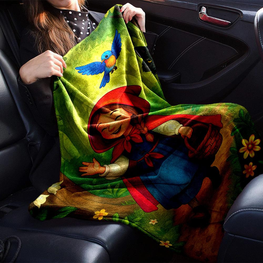 Little Red Riding Hood Cartoon Fairy Tale Print Flannel Throw Blanket—Soft, warm, and cozy; suitable for sofas, beds, and home décor.