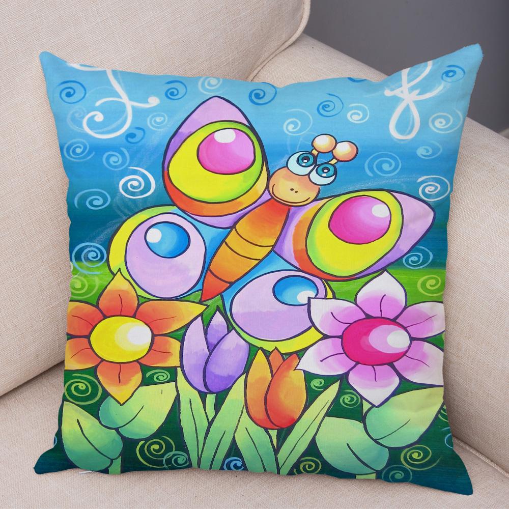 Children Oil Painting Art Cushion Cover Both Sides Plush Pillow Case Decor Cartoon Plant Throw Pillowcase for Sofa Home Car